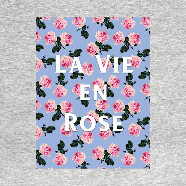 La Vie En Rose on blue - pink scattered vintage roses on blue by bettyretro